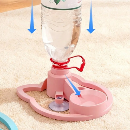 Pink pet water bottle holder with a water bottle on a beige carpet