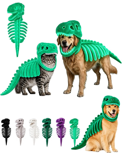 Green dinosaur skeleton costume set shown on a dog and a cat, plus a floating tail bone and a row of color options including black, white, green, purple, and teal. The dog and cat wear the costume with a T-rex headpiece and ribbed body armor.