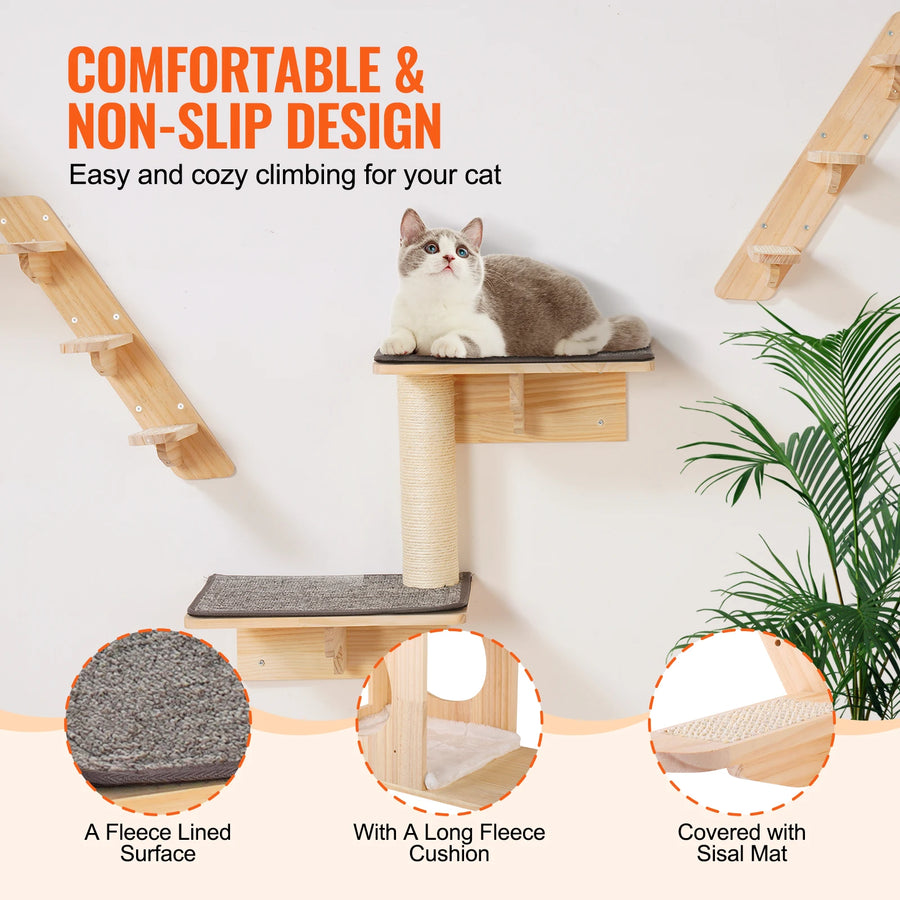 Wall Mounted Cat Shelves with Perches, Jumping Boards & Hammock