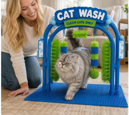 A long-haired gray cat walks through a blue cat wash play structure with green and blue brushes and hanging toys, while a smiling woman kneels beside it on a carpeted floor in a living room setting.