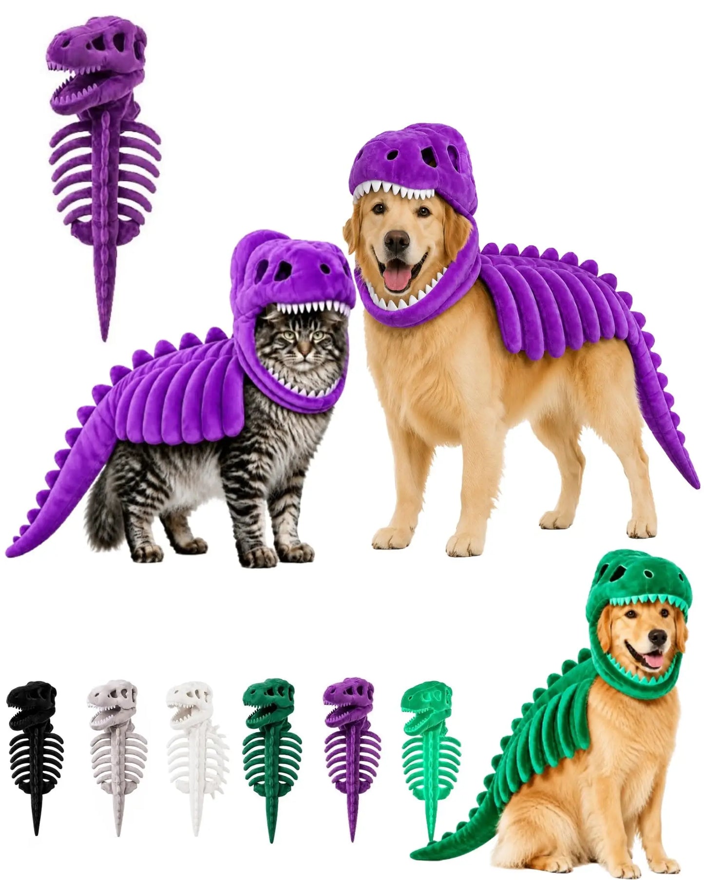 Purple and green dinosaur skeleton pet costumes shown on a golden retriever and a tabby cat, with a separate matching plush toy skeleton also displayed on a white background. Small color variants are shown along the bottom.