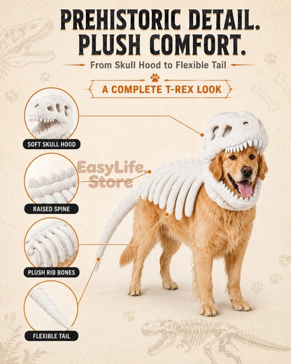 A golden retriever dog wearing a plush dinosaur skull hood costume with a flexible tail, shown on a beige background with callout circles highlighting soft skull hood, raised spine, plush rib bones, and flexible tail features.