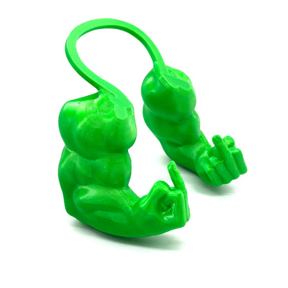 Two green silicone baby booties on a white background