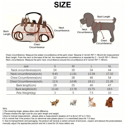 Measurement chart for dog carrier with labeled parts and size guide.