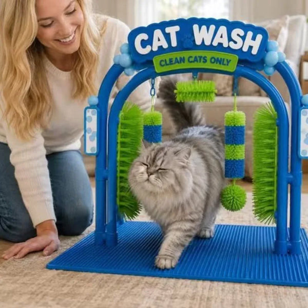 A fluffy gray cat walks under a blue and green 'CAT WASH' cleaning toy structure on a blue mat, with a smiling woman kneeling beside it in a living room setting.