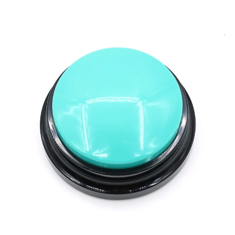 Turquoise button with black rim on a white background