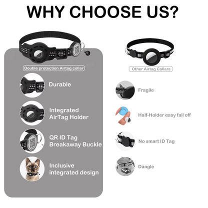 Dog collar with AirTag holder features and comparison to other collars on a gray background.