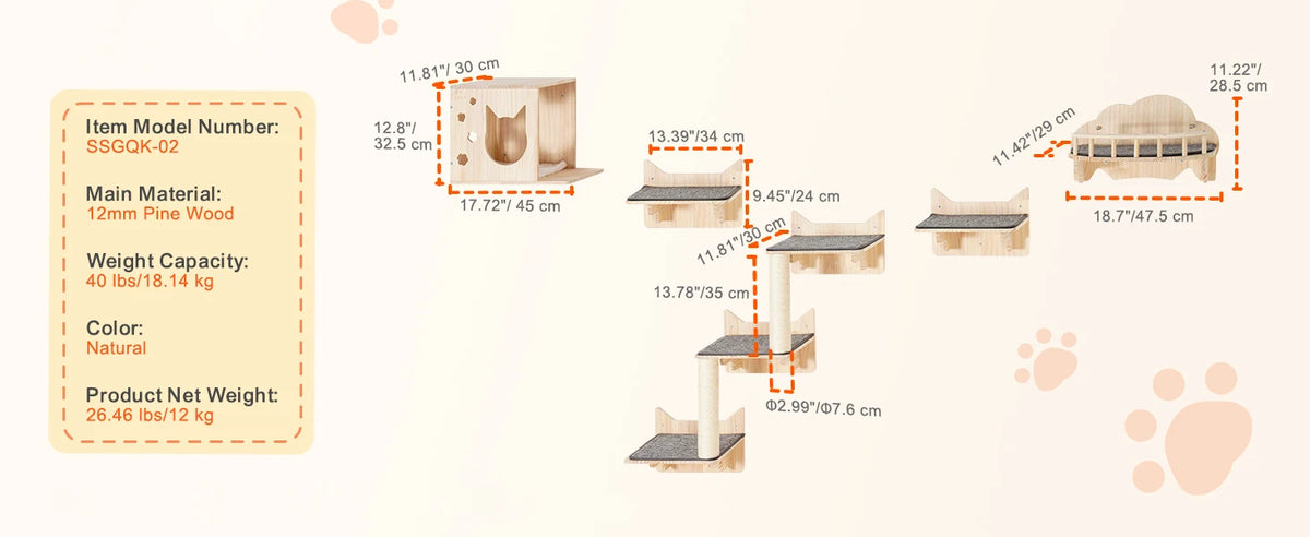 Product details of a cat tree with dimensions and material information on a light background.