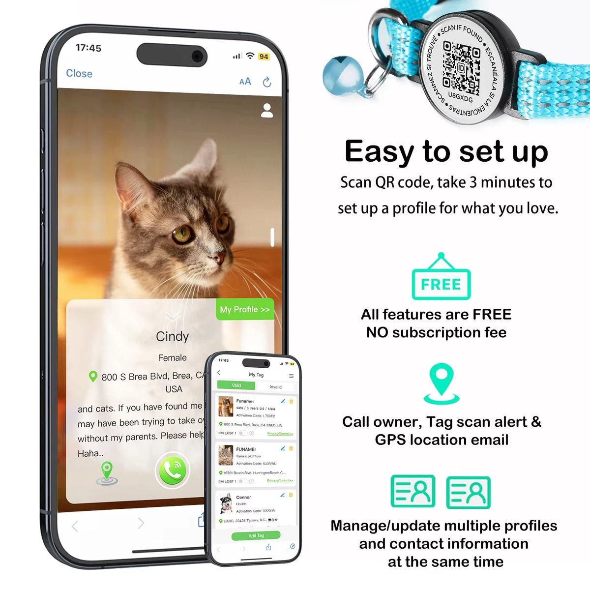 Smart pet tag with smartphone app interface displaying a cat and QR code scanning features.
