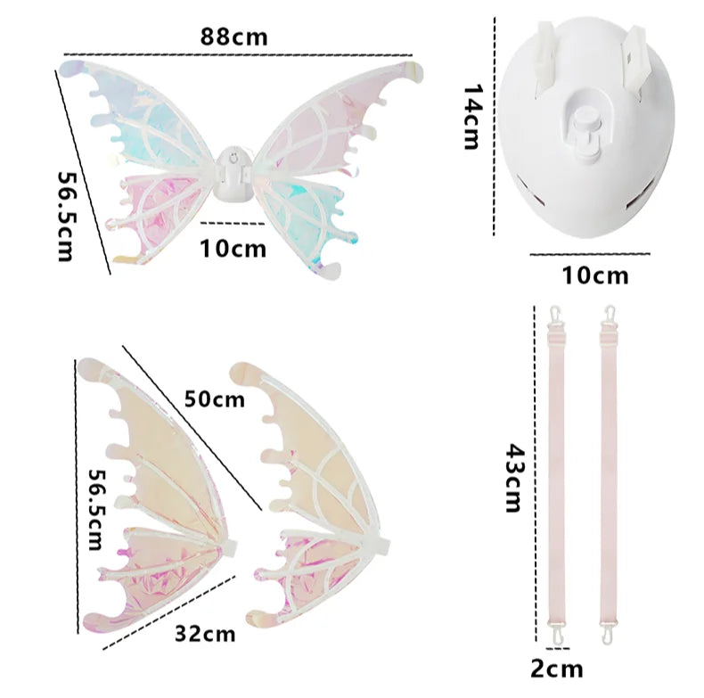 Measurement chart of butterfly wings and straps on a white background