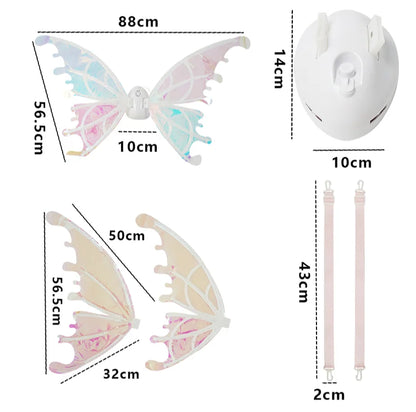 Measurement chart of butterfly wings and straps on a white background