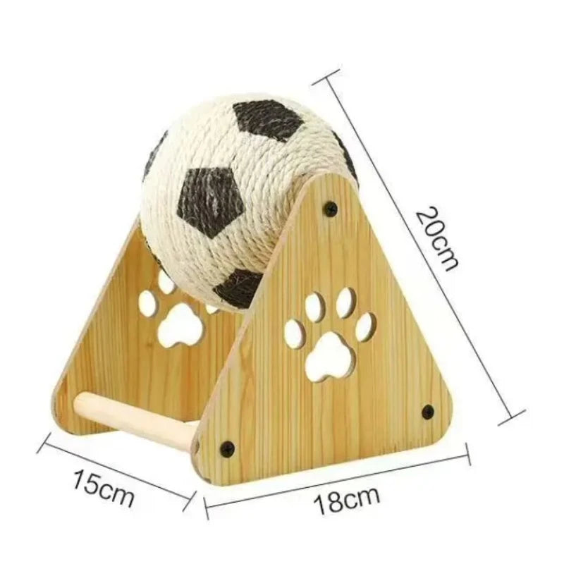 Wooden pet toy with a ball and measurements on a white background