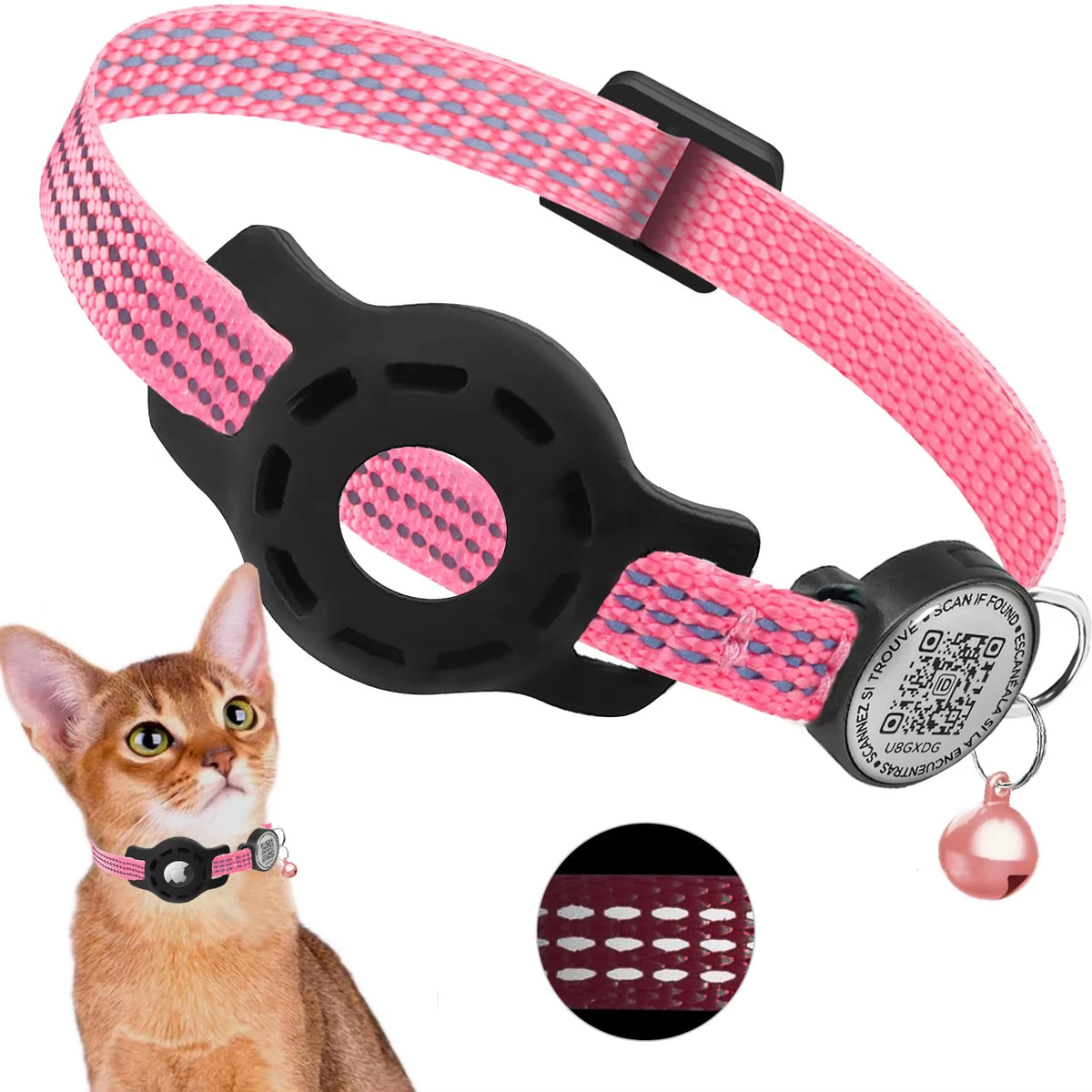 Pink and black cat collar with a QR code tag and bell, featuring a cat model.