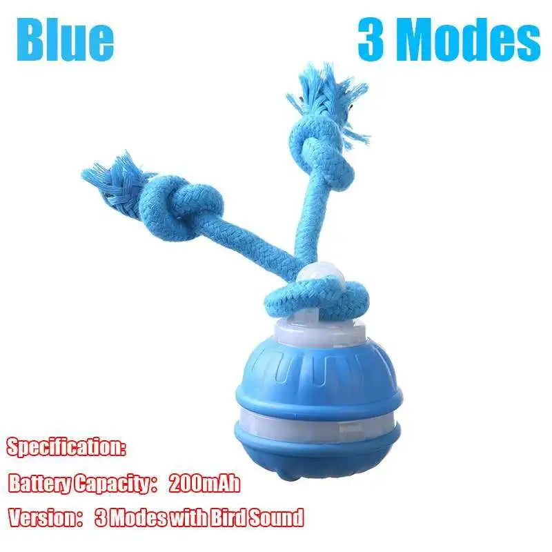 Blue pet toy with rope and bird sound feature on a white background