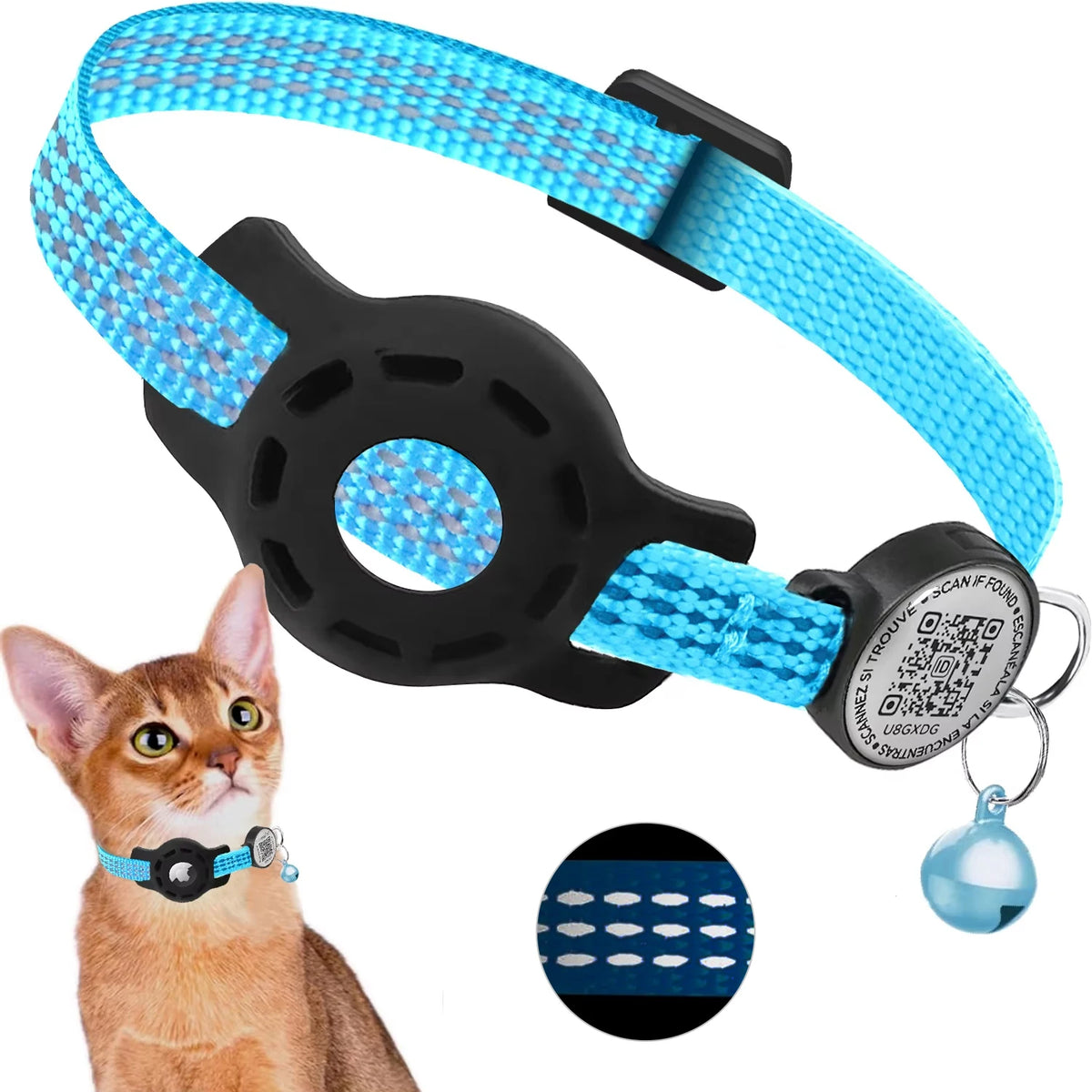 Blue cat collar with retractable leash and bell, featuring a cat model and close-up details on a white background.