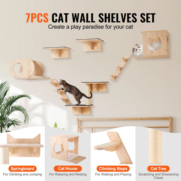 7-piece cat wall shelves set with a cat climbing on one of the shelves against a beige wall.