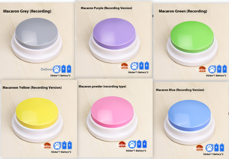 Six pet sound alarm buttons in different colors (Macaron Grey, Purple, Green, Yellow, pink, and Blue) arranged in a 2x3 grid on a light wood background, each with its recording version and sticker details labeled.