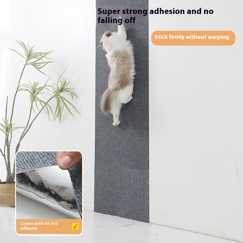 Cat climbing a textured wall with text about adhesive strength and a close-up of the adhesive.