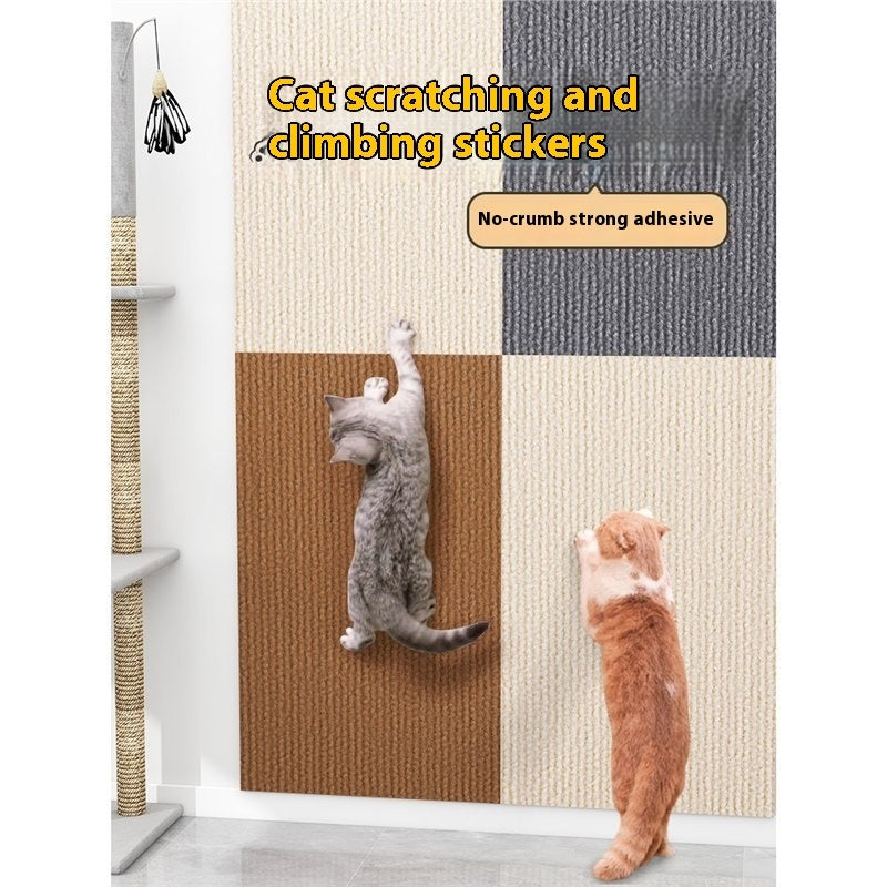 Cat scratching and climbing stickers on a textured wall with text indicating no-crumble strong adhesive.
