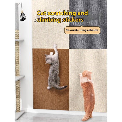 Cat scratching and climbing stickers on a textured wall with text indicating no-crumble strong adhesive.
