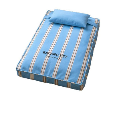 Blue striped pet bed with 'BALANG PET' branding on a white background