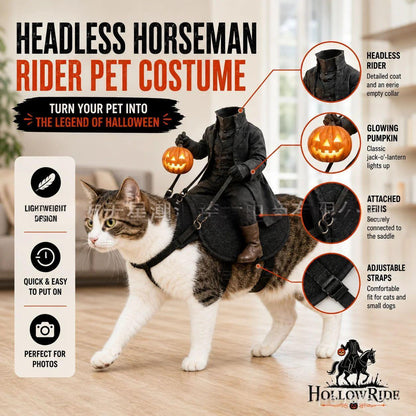 Halloween pet costume set shown on a cat in a home interior, with a headless horse rider costume fitted on the cat. The graphic includes feature callouts and text such as 'Headless Horseman Rider Pet Costume,' 'Glowing Pumpkin,' 'Attached Reins,' and 'Adjustable Straps.