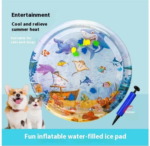 Fun inflatable water-filled ice pad with cartoon sea creatures, suitable for pets, on a blue background.