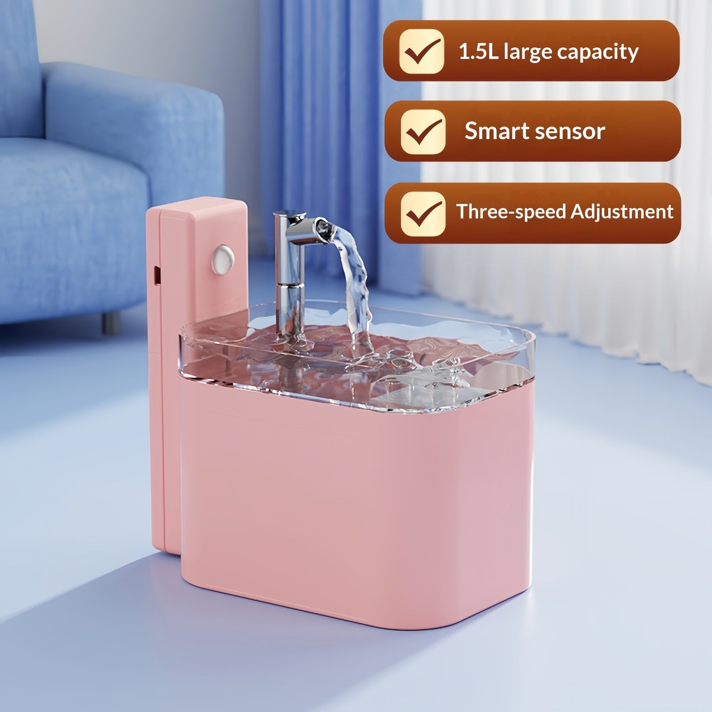 Pink pet water fountain with water flowing, labeled for capacity, sensor, and speed adjustment.