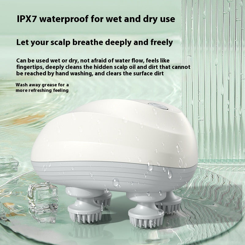 White scalp cleaning device with text about IPX7 waterproof feature on a light green background