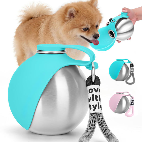 Pet water bottle with a dog drinking from it, featuring turquoise and silver design.