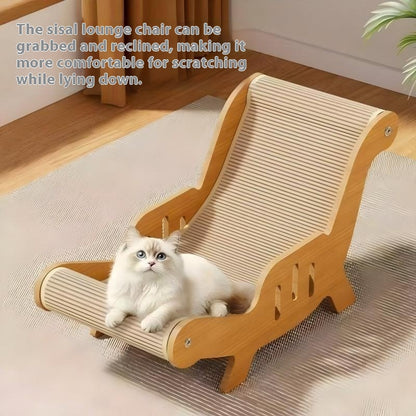 Cat lounging on a wooden and sisal-wrapped lounge chair.