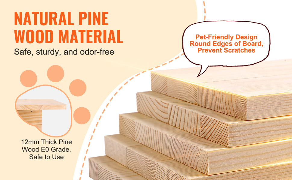 Wooden boards with text highlighting natural pine wood material, pet-friendly design, and safety features.