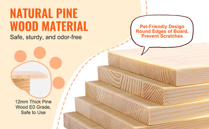 Wooden boards with text highlighting natural pine wood material, pet-friendly design, and safety features.