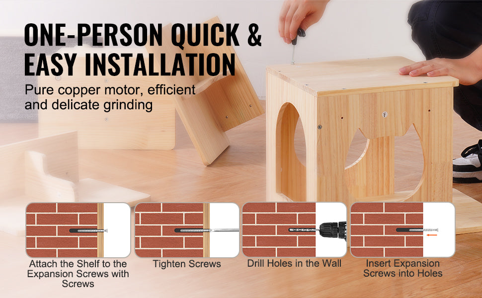 Wooden shelf installation process with text on one-person quick & easy installation.