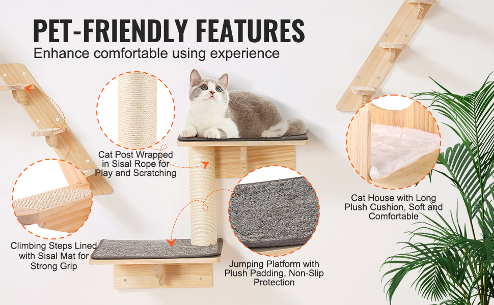 Cat tree with pet-friendly features and a cat sitting on top, surrounded by text highlighting features.