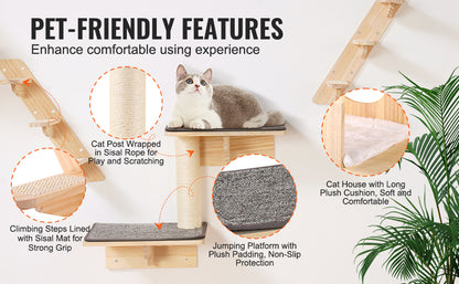 Cat tree with pet-friendly features and a cat sitting on top, surrounded by text highlighting features.