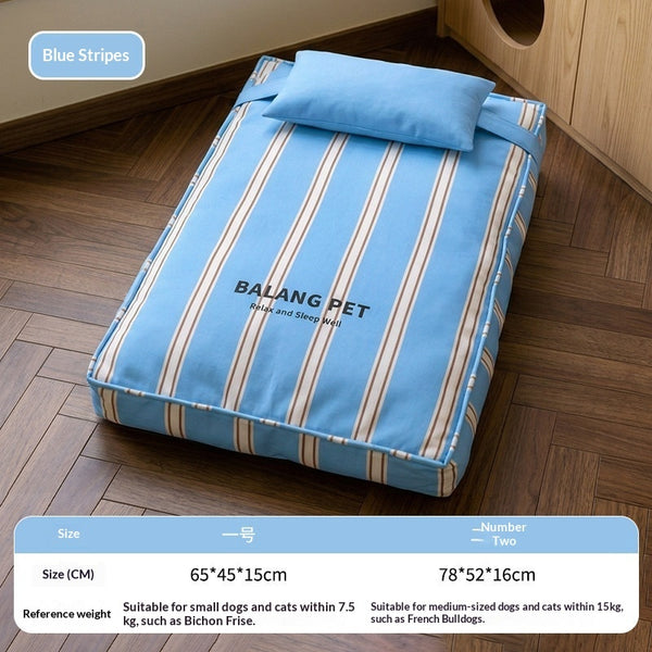 Blue striped pet bed with pillow on a wooden floor, featuring the brand 'BALANG PET'.