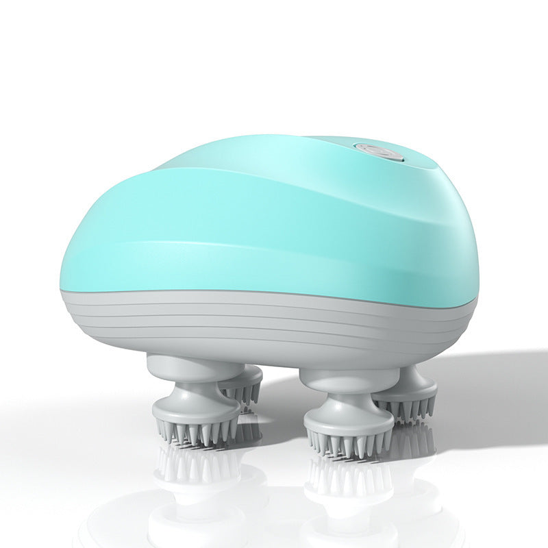 Turquoise and white device with multiple bristle heads on a white background