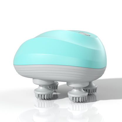 Turquoise and white device with multiple bristle heads on a white background