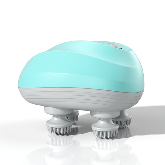 Turquoise and white device with multiple bristle heads on a white background