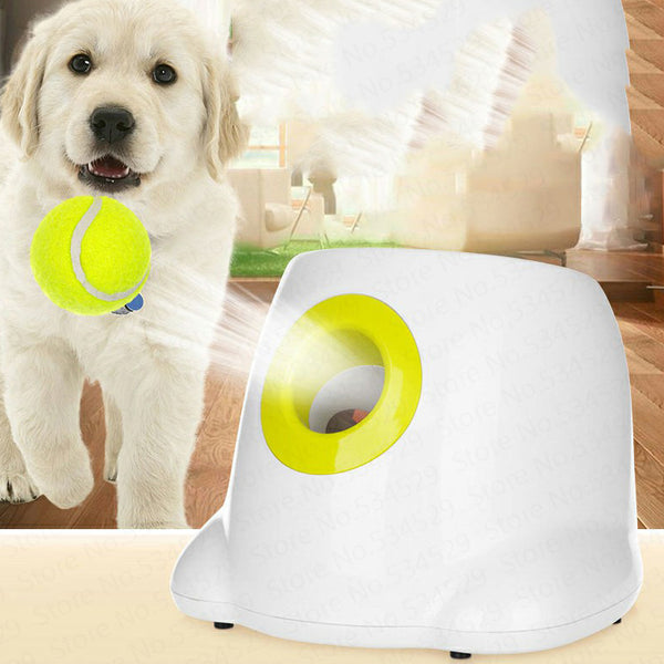 White device with a yellow ball on a blurred background of a dog playing with a tennis ball.