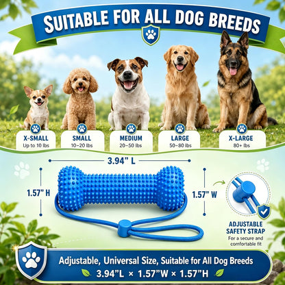 Blue textured rubber dog chew toy with adjustable rope strap and size guide for small, medium, large, and extra-large dogs