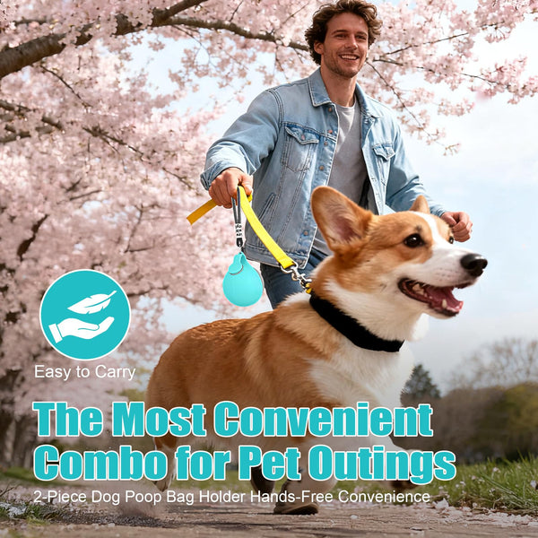 Man walking a dog with a poop bag holder under cherry blossom trees