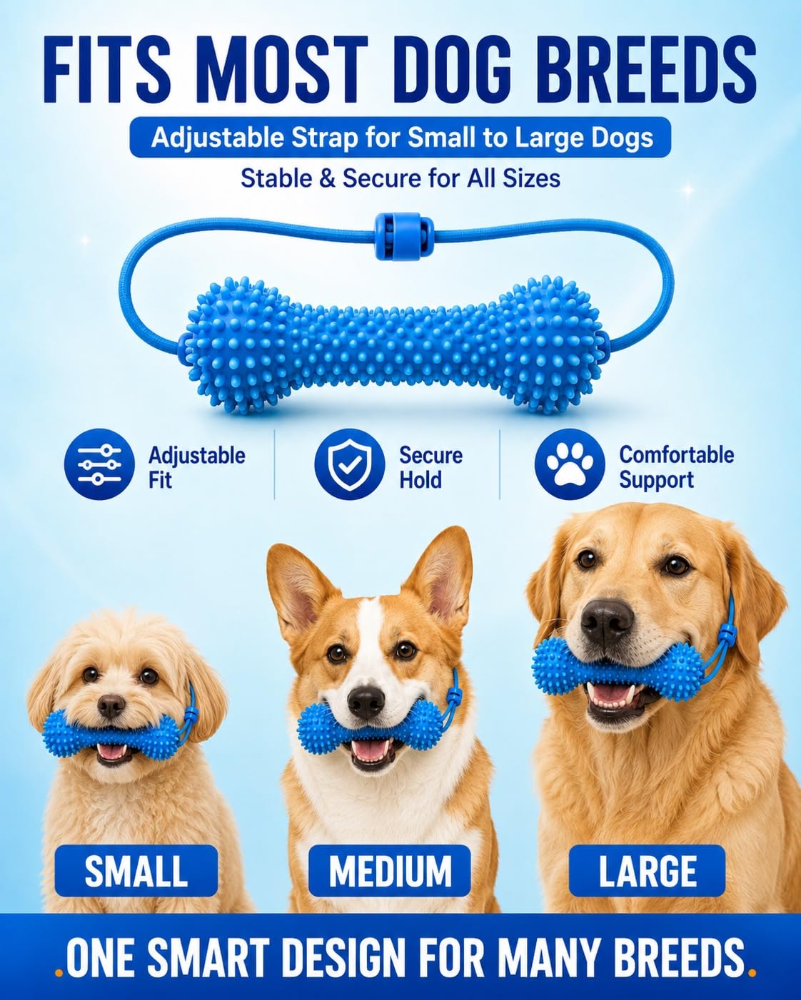 Blue textured rubber dog chew toy with adjustable strap, shown above three dogs wearing it in a light blue promotional graphic with breed-size labels Small, Medium, and Large.