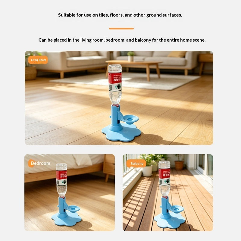 A pet water bottle feeder and holder shown in three indoor home settings: a long room, a bedroom, and a balcony. The product consists of a light blue plastic base with a central opening and a clear plastic water bottle inserted upside down.