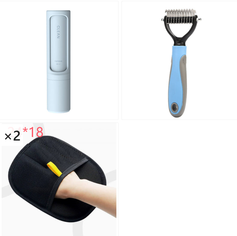 Three-panel product collage showing pet grooming tools: a white cylindrical brush holder, a blue and gray grooming rake with metal teeth, and a black mesh cleaning pad with a yellow handle being demonstrated on a hand. Red text in the lower left reads 'x2 *18'.