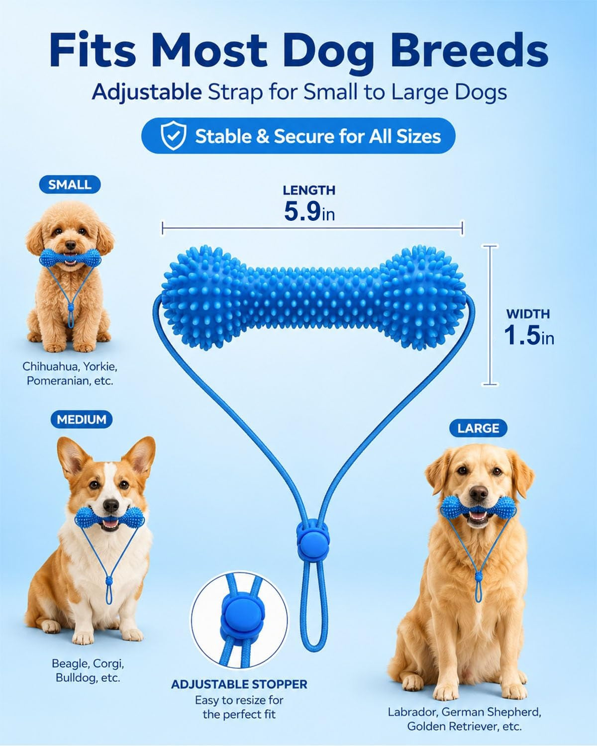 Blue silicone dog chew toy with an adjustable strap, shown on a light blue background with breed-size labels and photos of small, medium, and large dogs. Text reads 'Fits Most Dog Breeds' and includes dimensions 5.