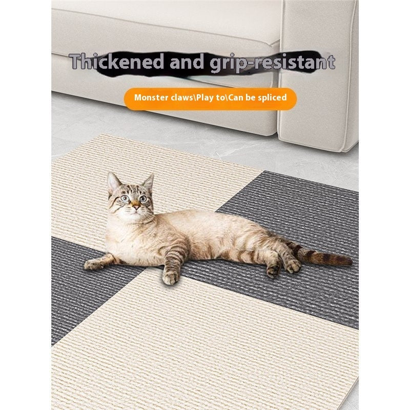Cat lying on a geometric-patterned rug with text about thickness and grip-resistance.