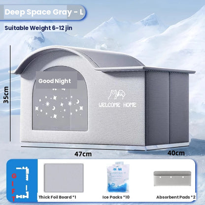 Deep Space Gray Large pet igloo house with star-moon window design, 47x40x35cm, includes foil board, ice packs, and absorbent pads as free gifts