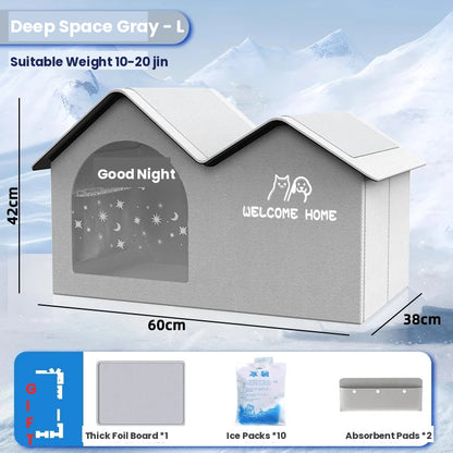 Deep Space Gray Large A-frame pet house with star-moon window, 60x38x42cm, includes foil board, ice packs, and absorbent pads as free gifts